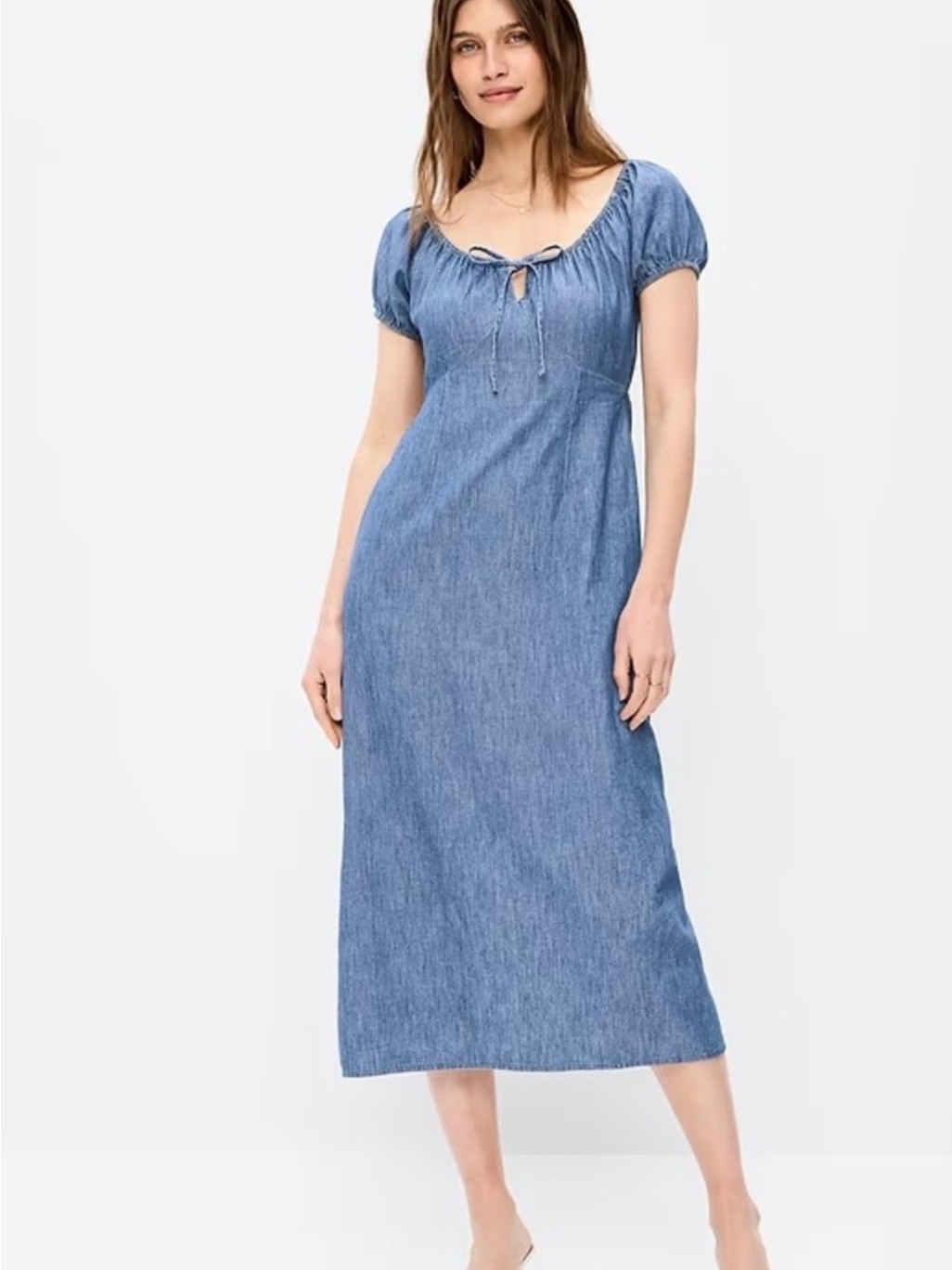 Old Navy Chambray Puff-Sleeve Midi Dress In Denim Blue